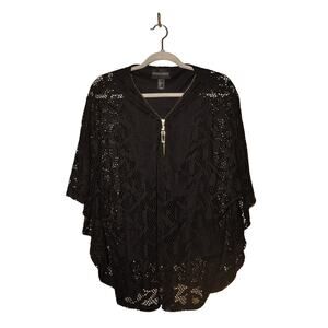 FRANK‎ LYMAN $178 Black Lace Zip Front Poncho Overlay Top Size 4